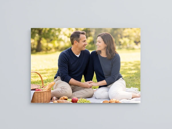 Acrylic print of a couple sitting on a picnic blanket in a sunny park