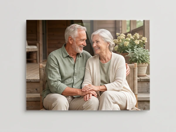 Acrylic print of a gray-haired couple holding hands on a porch bench among potted flowers