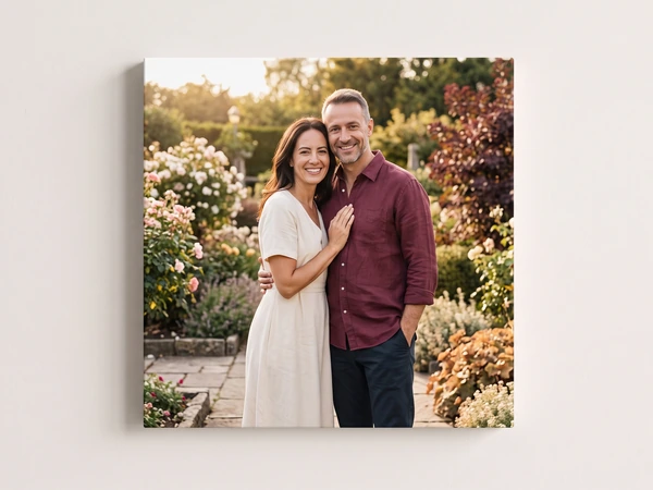 Portrait canvas print of a couple standing arm in arm in a flowering garden