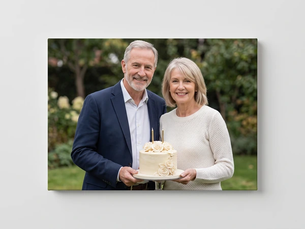 Canvas print of an older couple in a garden holding an anniversary cake with candles