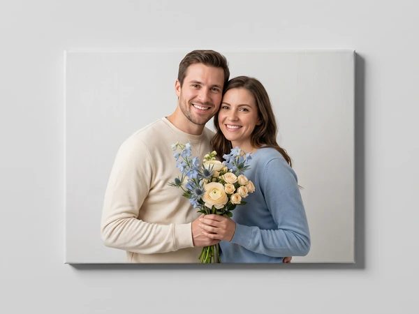 Canvas print of a couple in sweaters holding a bouquet of blue and cream flowers