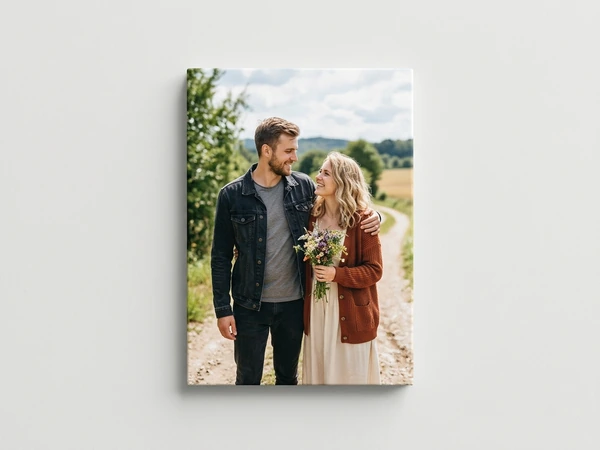 Portrait canvas print of a couple on a country lane, the woman holding wildflowers