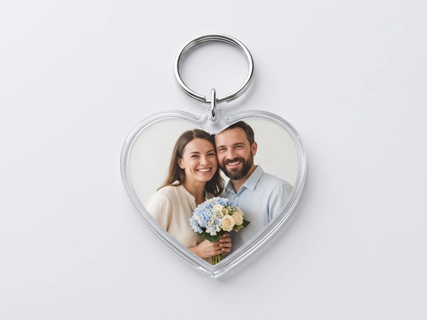 Heart keychain with a photo of a couple holding a bouquet of blue hydrangeas and roses