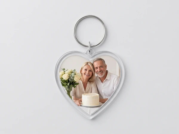 Clear acrylic heart keychain with a photo of an older couple behind a white anniversary cake