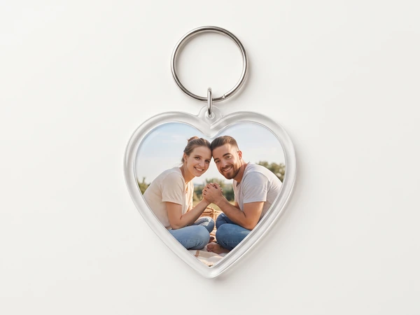 Heart keychain with a photo of a couple sitting cross-legged and holding hands outdoors
