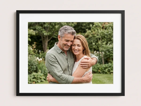 Black framed print of a man and woman hugging in a green garden