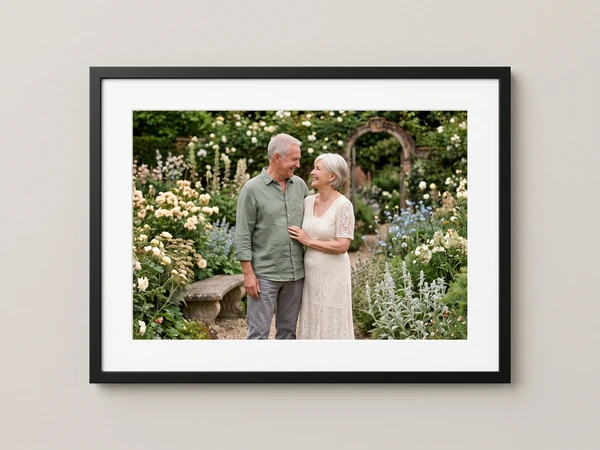 Black framed print of an older couple standing in a flowering cottage garden
