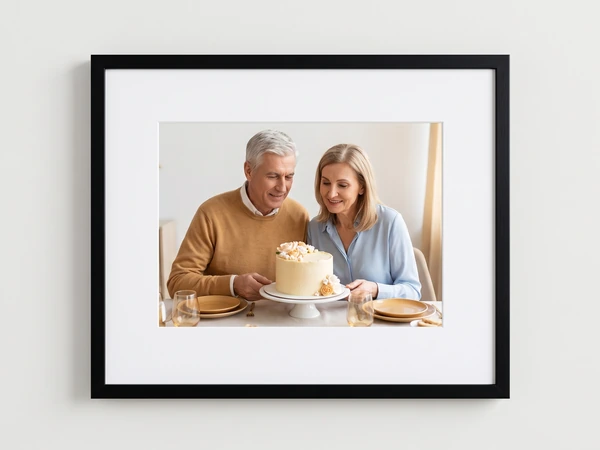 Black framed print of an older couple at home with a cream layer cake