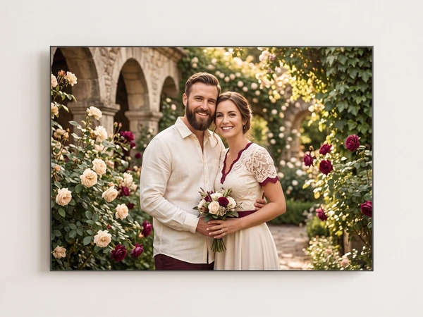 Metal print of a couple with a bouquet in front of a stone archway covered in roses