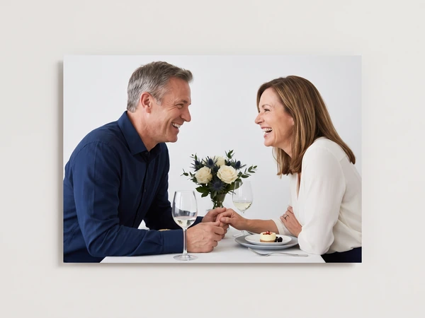 Metal print of a couple holding hands across a table with white roses