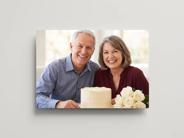 Metal print of a couple with a cream cake and white roses, its silver edge visible