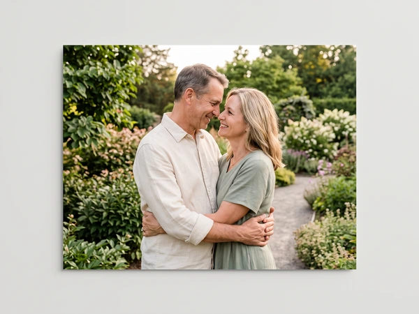 Metal print of a couple embracing on a path through a summer garden