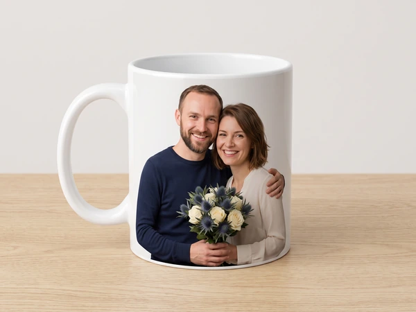 Photo mug printed with a young couple, the woman holding cream and navy flowers