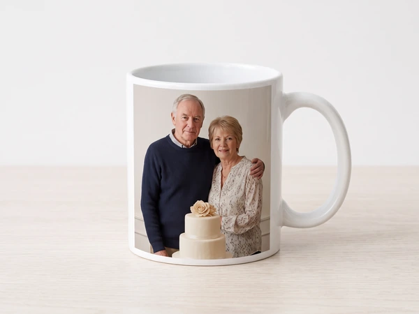 Classic white mug printed with an older couple standing behind a tiered cake