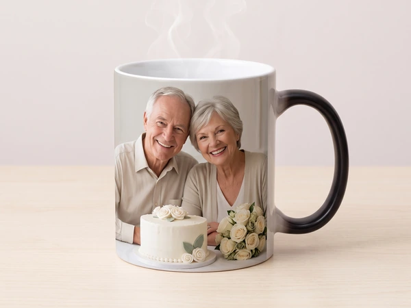 Magic mug with a black handle and steam rising, showing a couple with a cake and roses