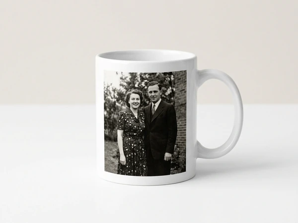 Photo mug printed with a vintage black and white portrait of a couple