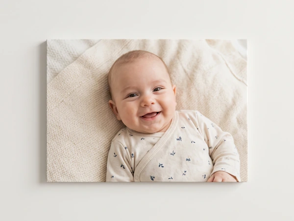 Canvas print of a smiling baby in a floral sleepsuit lying on a white blanket
