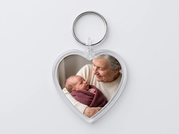 Heart keychain with a photo of a grandparent holding a newborn in a burgundy wrap
