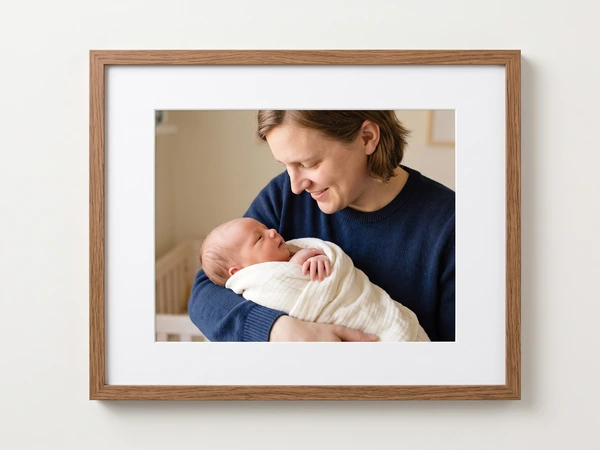 Walnut framed print of a mother smiling down at a newborn in her arms