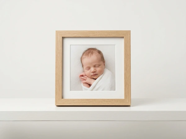 Small oak framed print of a swaddled sleeping newborn on a white shelf