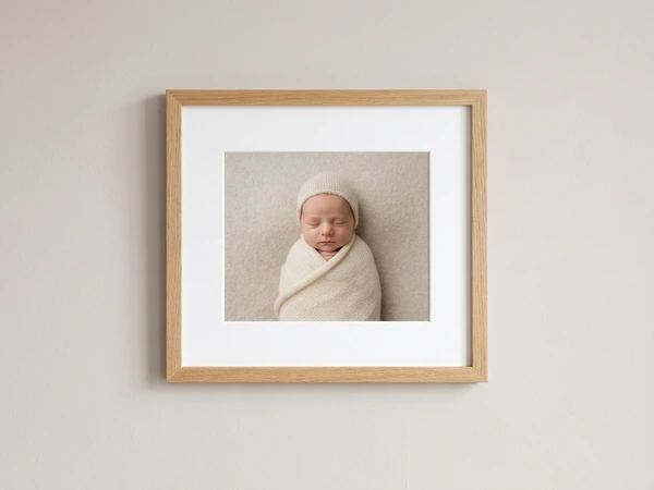 Oak framed print of a newborn in a cream wrap and hat, hung on a beige wall