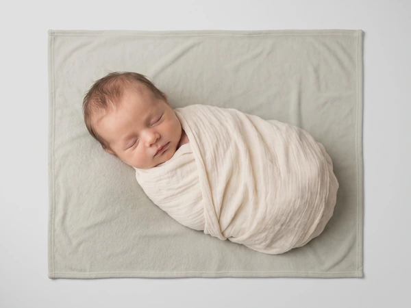 Photo blanket printed with a swaddled newborn sleeping on sage green