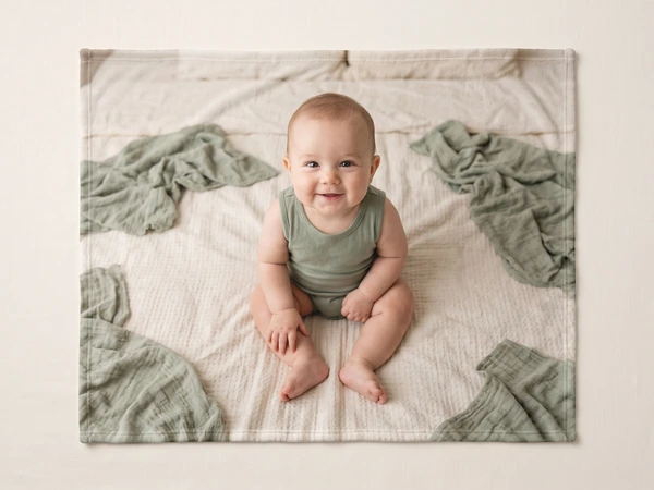 Plush blanket printed with a smiling baby in a green romper sitting among sage cloths