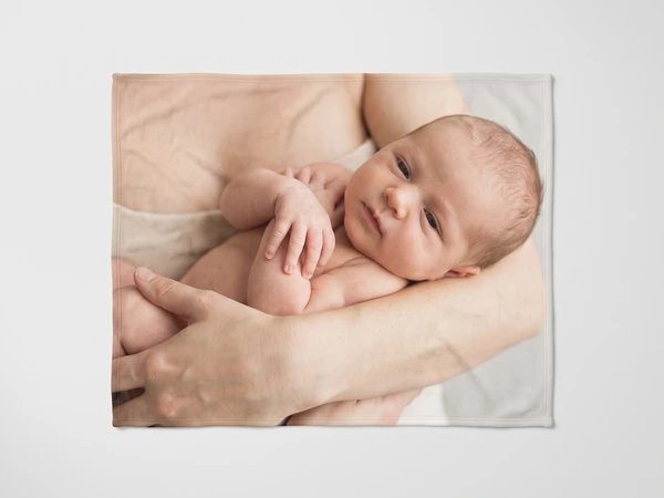 Photo blanket printed with a newborn held in a parent's hands