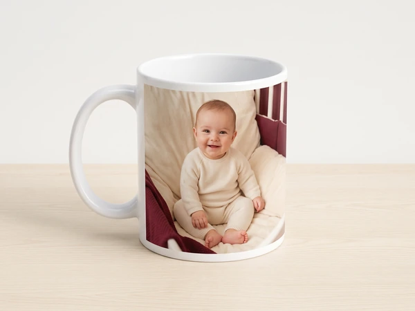 Photo mug printed with a smiling baby sitting on a cream and burgundy blanket