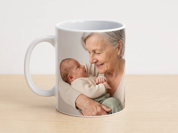 Photo mug printed with a gray-haired grandmother holding a newborn