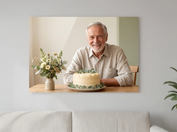 Acrylic print of a gray-bearded man at a table with a birthday cake and flowers, hung above a sofa