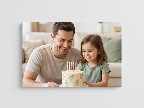 Canvas print of a father and daughter looking at a birthday cake with candles