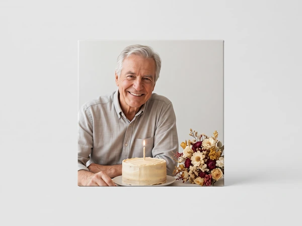Canvas print of a gray-haired man smiling behind a cake and a bouquet