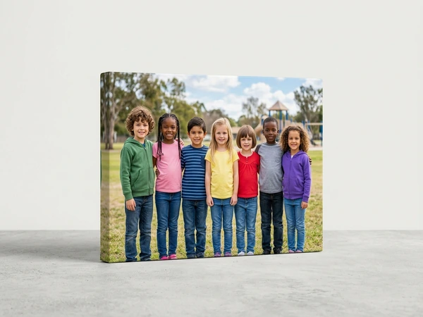 Canvas print of seven children in bright shirts standing in a row in a park