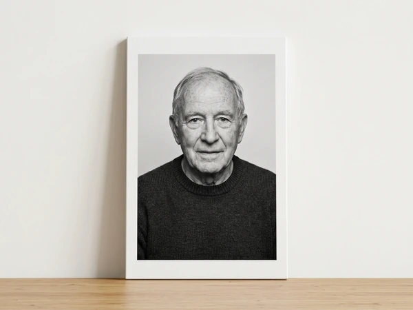 Black and white portrait print of an elderly man, leaning on a shelf