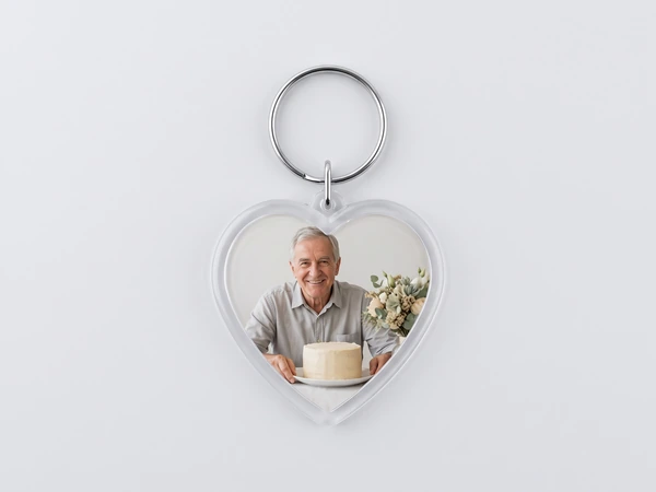 Heart keychain with a photo of an older man with a birthday cake and flowers