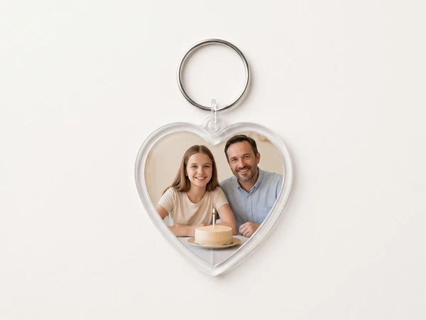 Heart keychain with a photo of a father and daughter at a birthday table