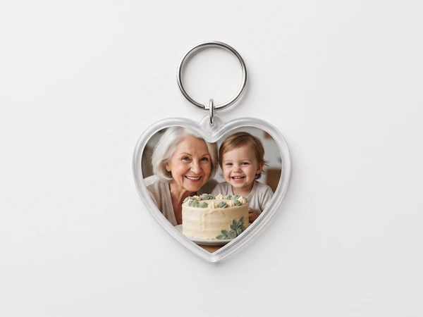 Heart keychain with a photo of a grandmother and a boy behind a decorated cake