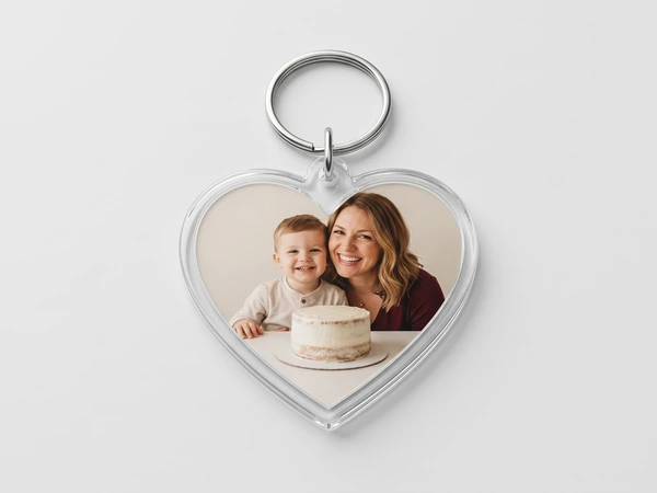 Heart keychain with a photo of a mother and young son with a birthday cake