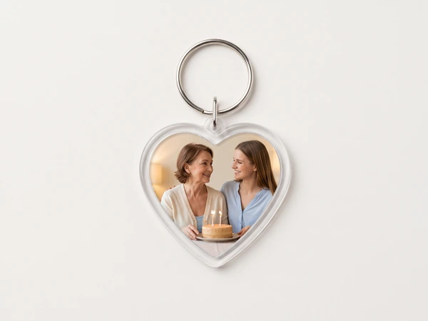 Heart keychain with a photo of a mother and grown daughter with a candlelit cake