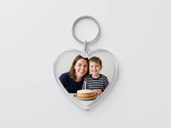 Heart keychain with a photo of a mother and son in a striped shirt with a cake