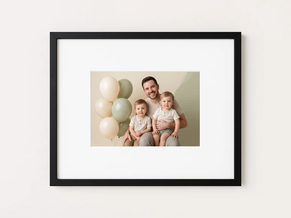 Black framed print of a father and two toddlers with cream and green balloons