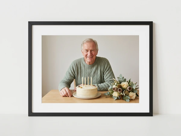 Black framed print of a smiling older man with a candle cake and flowers