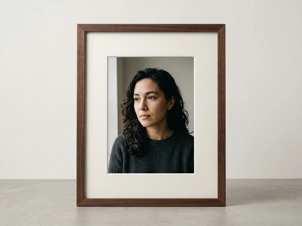 Dark wood framed portrait of a woman with long dark hair, standing on a shelf