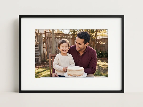 Black framed print of a father and toddler with a birthday cake in a backyard