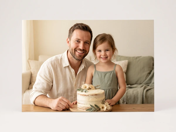 Metal print of a father and daughter smiling behind a cake decorated with flowers