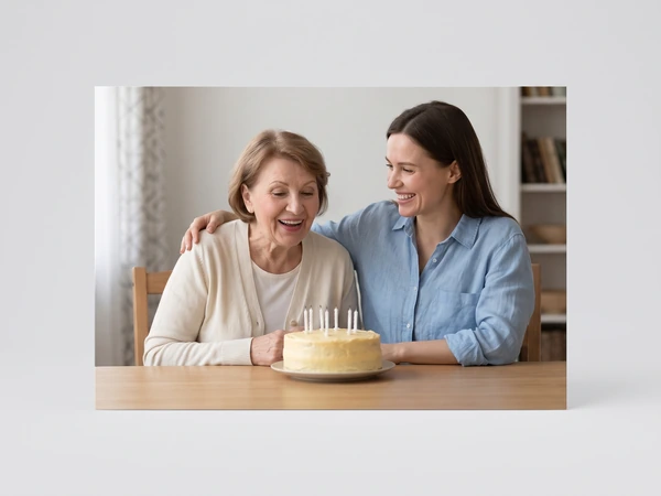 Metal print of a grandmother and her daughter at a table with a candlelit cake