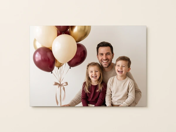Metal print of a father and two children holding a bunch of burgundy and gold balloons