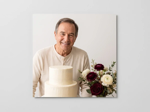 Metal print of a smiling older man behind a two-tier cake and dark red roses