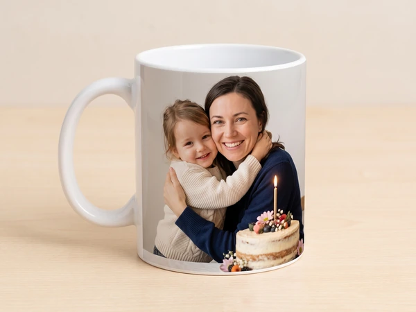 Photo mug printed with a mother hugging a toddler beside a cake with one candle